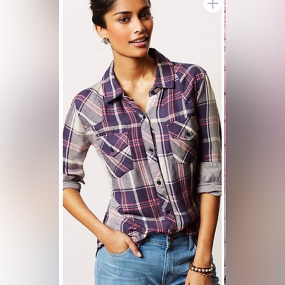 Anthropologie purple plaid button-down